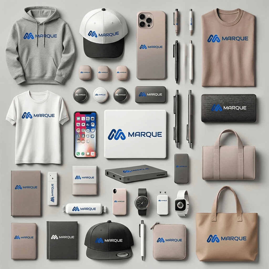 Full lineup of Marque branded merchandise — apparel, tech accessories, bags, drinkware and more